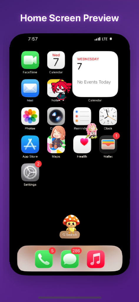 Shimeji Screen Pets - Un écran d'accueil d'iPhone présentant plusieurs animaux Shimeji d'anime mignons et un personnage champignon chibi.