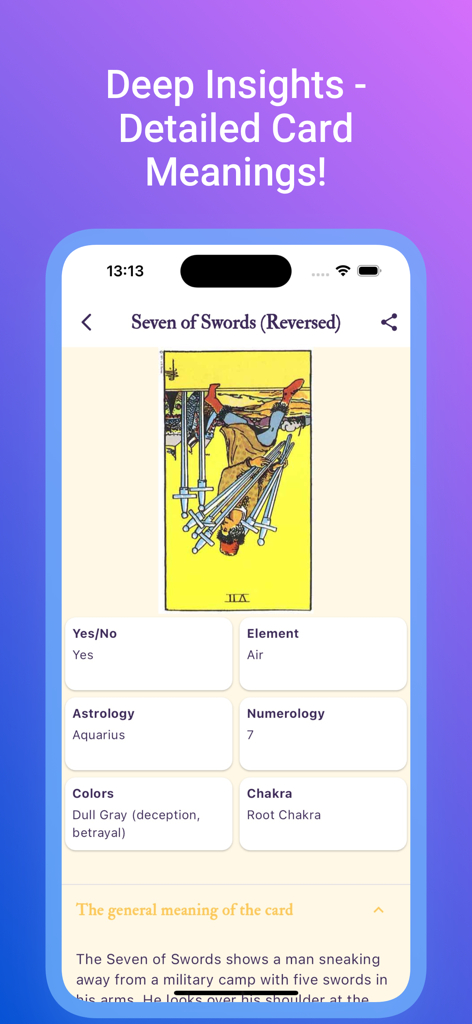 Pantalla de la aplicación Virtual Tarot que muestra el Siete de Espadas Invertido con significados y símbolos detallados de la carta.