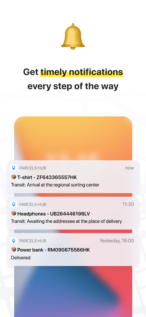 Package tracker: Parcels Hub - Mobile screen showing push notifications for package status updates including transit and delivery milestones