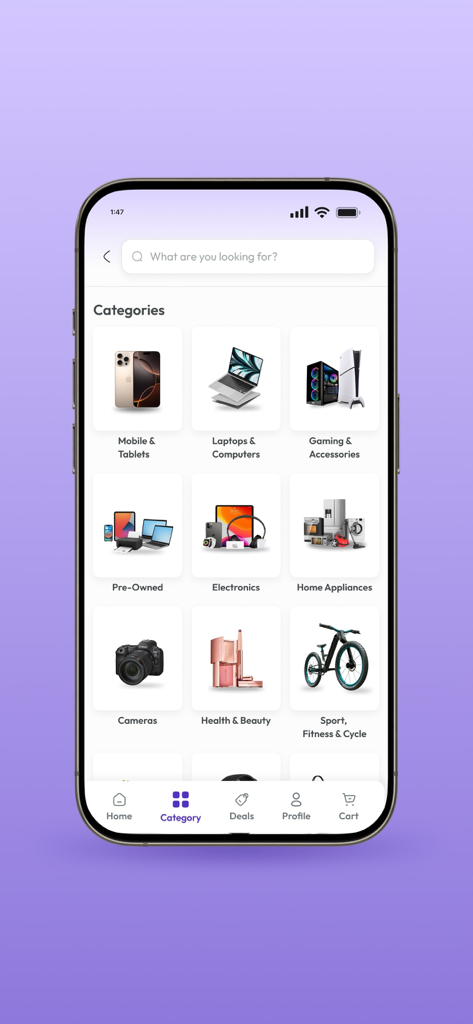 Ourshopee app category selection screen showing mobile phones laptops and electronics