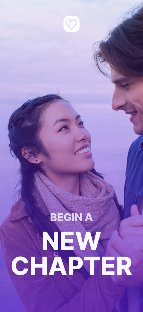A smiling young couple in a romantic pose with the text Begin a New Chapter