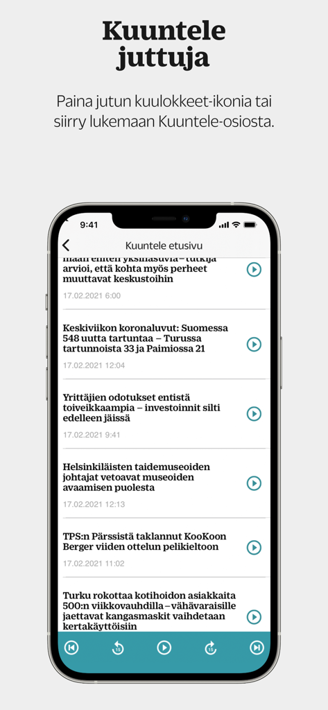 TS – Turun Sanomat - Smartphone screen showing the audio news section of the Turun Sanomat app with a list of playable articles