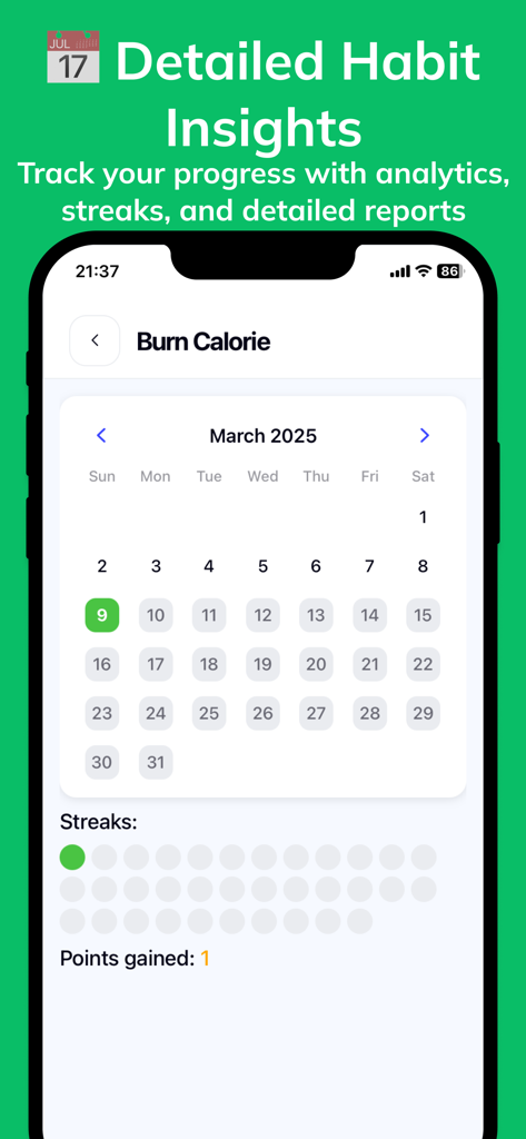 Habit Simple: Habitify Tracker - 詳細な習慣インサイト画面。カロリー燃焼習慣のカレンダーとストリーク追跡を表示