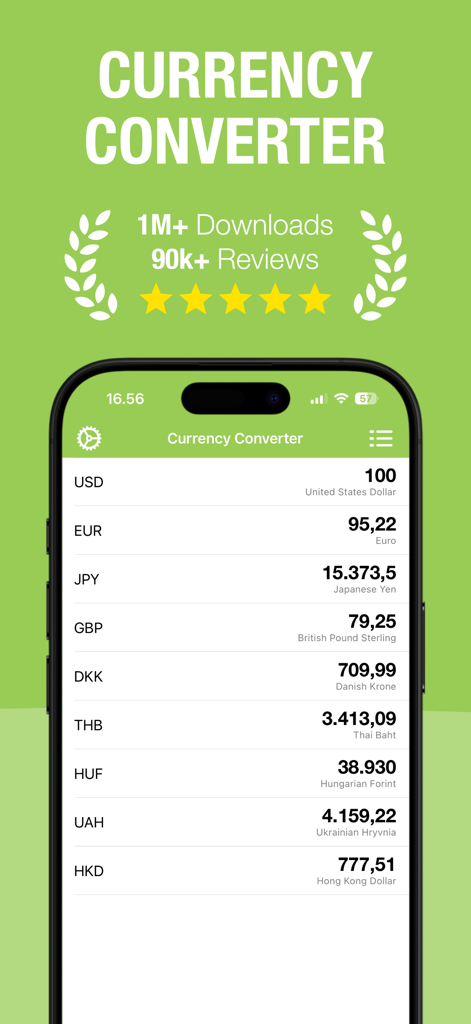 Currency Converter • Valuta+ - Interface of Valuta plus currency converter app showing exchange rates for USD EUR GBP and other global currencies on a smartphone