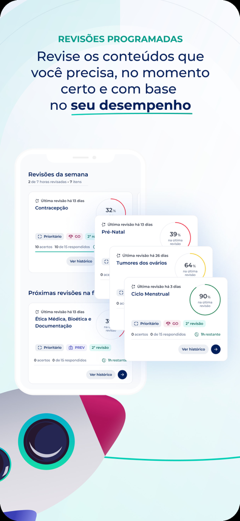 Medway Residência Médica - Interface do aplicativo Medway Residência Médica mostrando revisões de estudo médico agendadas e acompanhamento de desempenho.