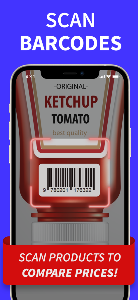 QR Code Reader & Code Scanner - Un smartphone scanne le code-barres d'une bouteille de ketchup à l'aide de l'application ShopSavvy pour comparer les prix.