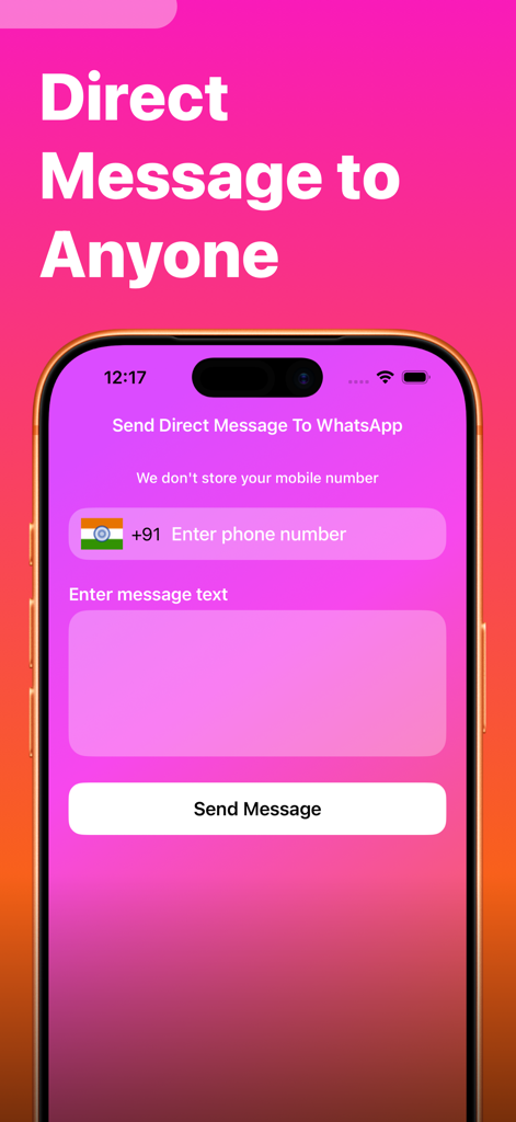 InSaver: Story, Reels, Video - 인세이버 앱 인터페이스가 연락처를 저장하지 않고 WhatsApp 메시지를 보낼 수 있는 직접 메시지 기능을 보여줍니다.