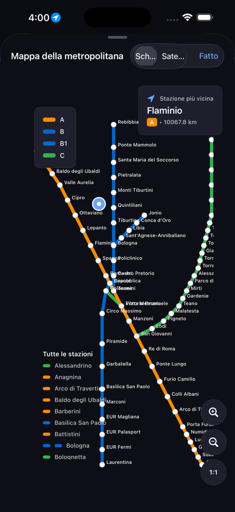 Mapa interactivo del metro de Roma que muestra líneas de metro codificadas por colores y lista de estaciones en modo oscuro