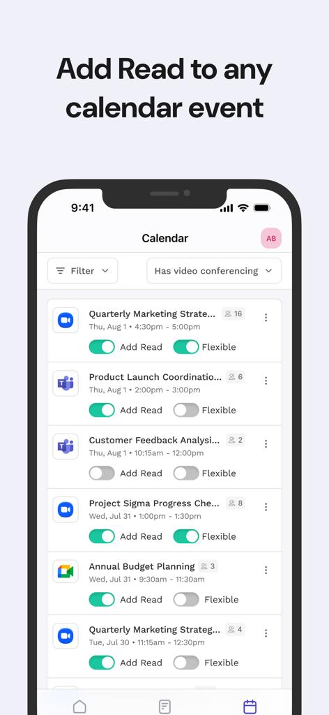 Um smartphone mostrando a interface de calendário do Read AI com botões para adicionar anotações de IA a eventos do Zoom, Microsoft Teams e Google Meet.
