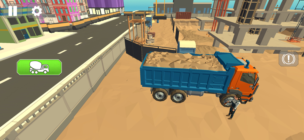 Builder City Construction 3D - Un volquete azul cargado de arena en una obra urbana 3D