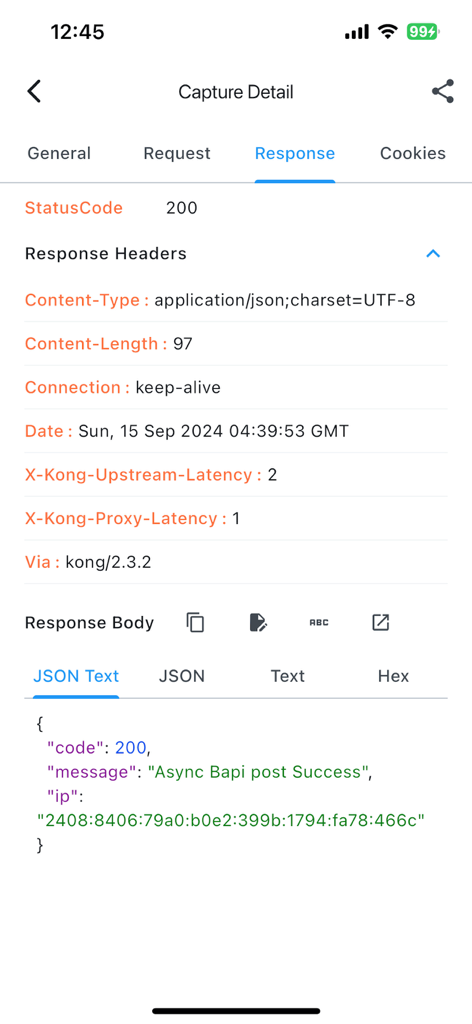 ProxyPin - Open Source Capture - ProxyPinのネットワークトラフィックキャプチャ。HTTPレスポンスヘッダーとJSONボディの詳細が表示されています。