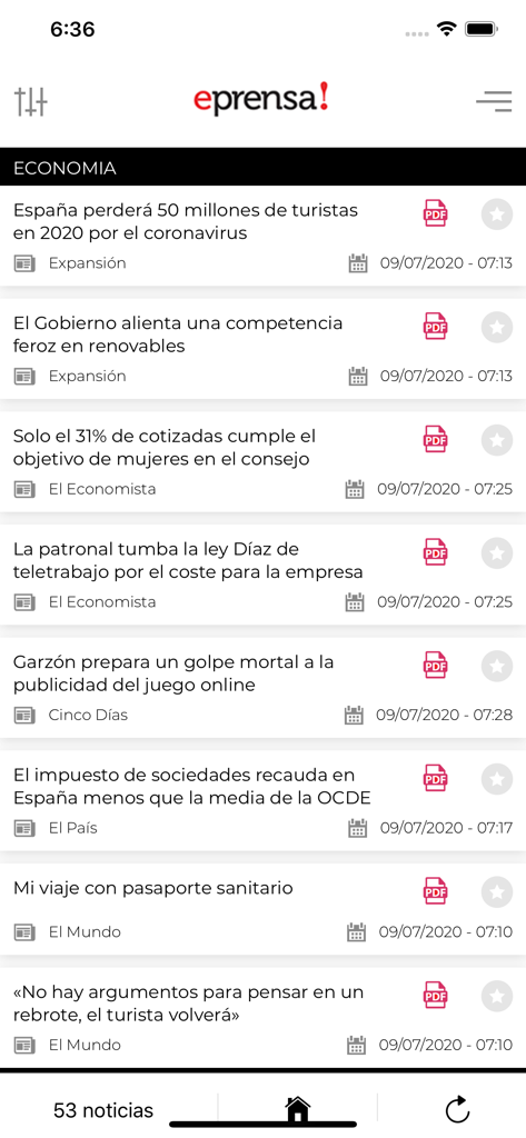 Interfaz de feed de noticias de la aplicación Hallon mostrando artículos de economía y opciones de descarga de PDF