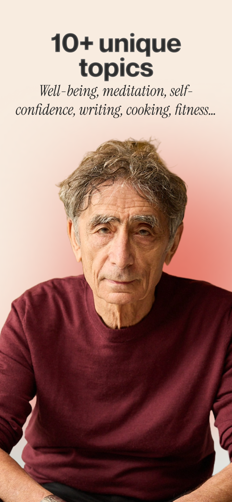 MentorShow - Gabor Mate featured on a screen highlighting ten plus unique learning topics including well-being and meditation