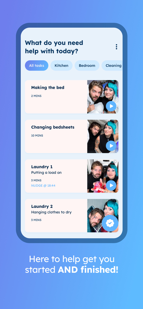 dubbii: the body doubling app - Screenshot dell'interfaccia dell'app dubbii che mostra una lista di compiti come rifare il letto e il bucato con video di body doubling.