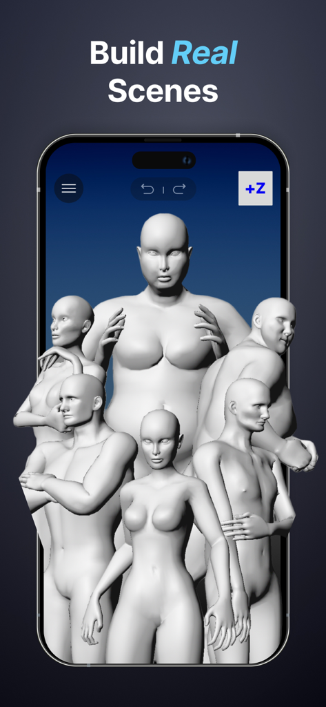 3D Pose Reference & Easy Poser - Smartphone mostrando varios modelos humanos 3D en diferentes poses para la construcción de escenas de referencia de arte.