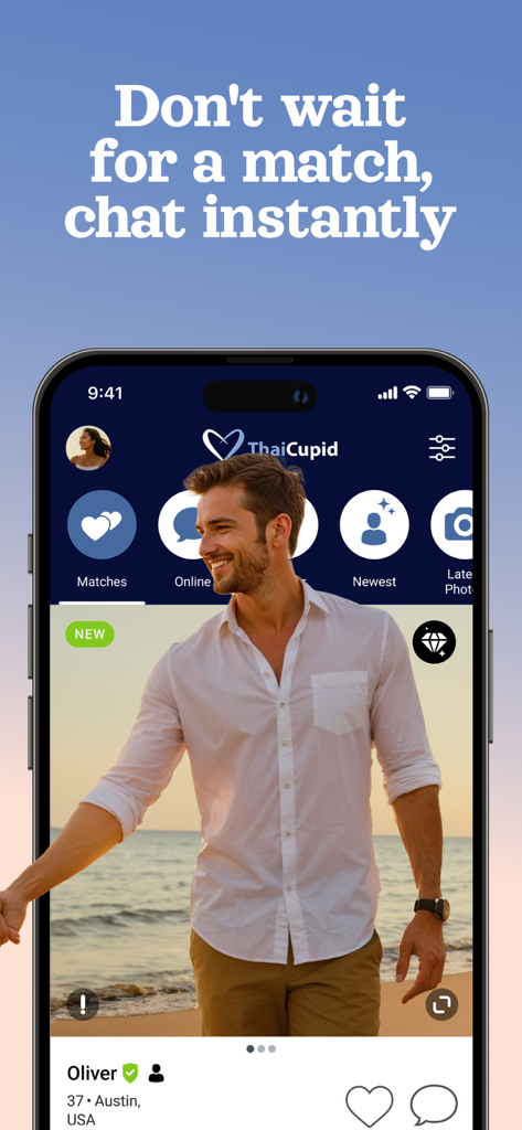 ThaiCupid: Thai Dating & Chat - ThaiCupid app interface showing a user profile and the instant chat feature