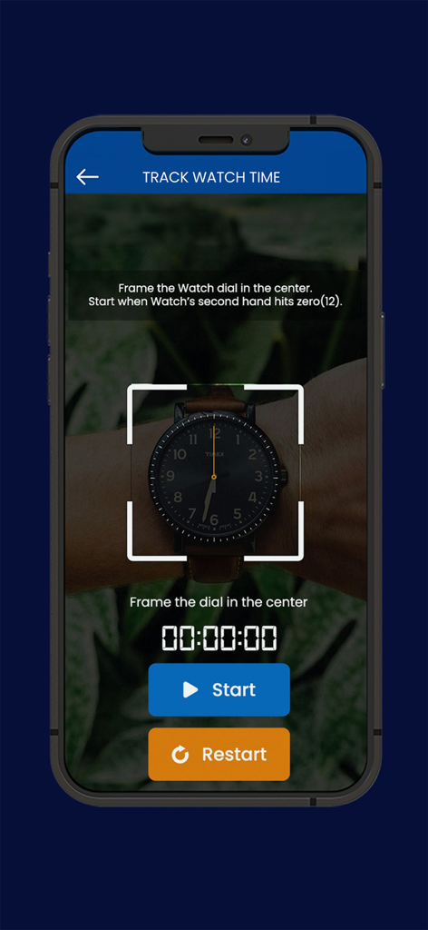 Watch Accuracy Checker - Der Tracking-Bildschirm der Watch Accuracy Checker App zeigt ein Zifferblatt, eingerahmt von der Kamera-Benutzeroberfläche des Telefons