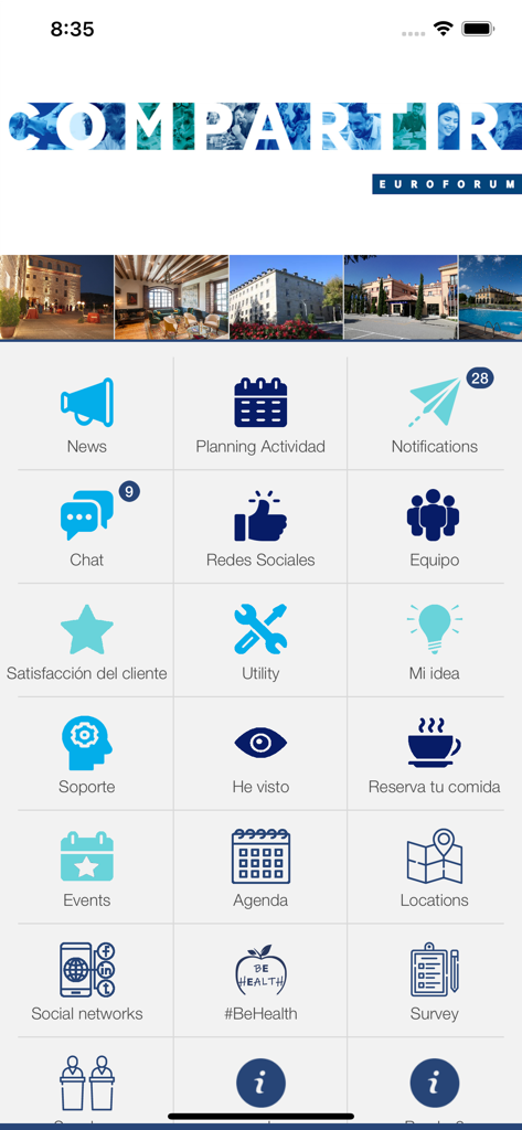 Main menu of the Euroforum Experience app showing corporate event tools and networking features