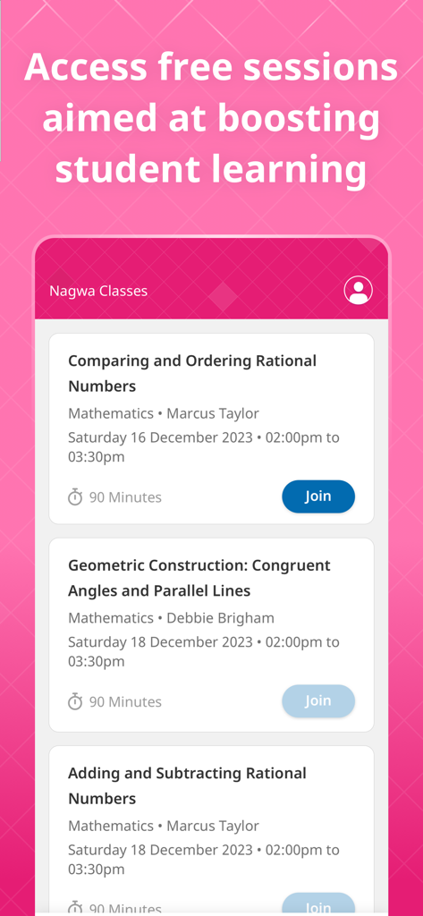 Nagwa Classes - A list of upcoming free live math tutoring sessions on the Nagwa Classes app interface