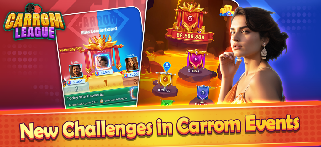 Carrom League game interface displaying the elite leaderboard and new event challenges with player rankings