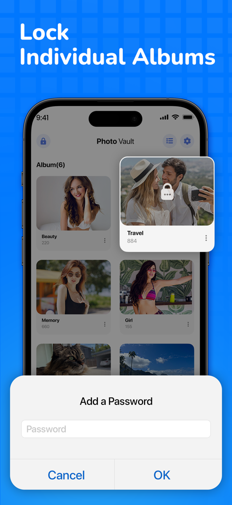 Locksy: Photo Vault & Lock - Smartphone screen showing the option to add a password to individual photo albums in the Locksy app