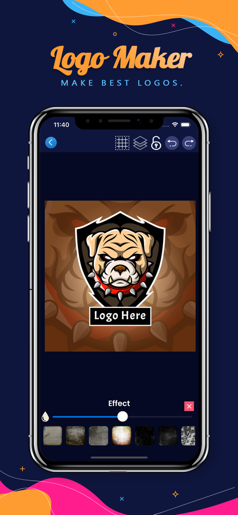 Benutzeroberfläche der Gaming Logo Maker App, die ein Bulldoggen-Maskottchen-Logo-Design anzeigt
