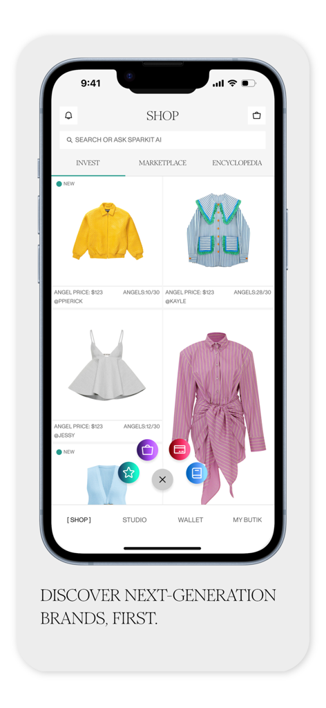 Sparkit World - Sparkit World mobile app interface showing a fashion marketplace with unique clothing designs and creator funding status