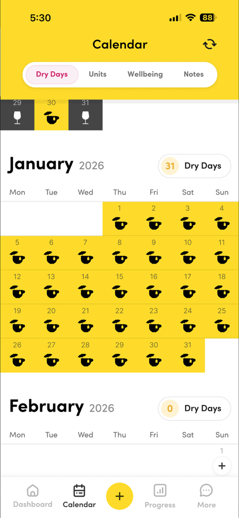 A calendar view in the Try Dry app showing a full month of successful sober days for Dry January.