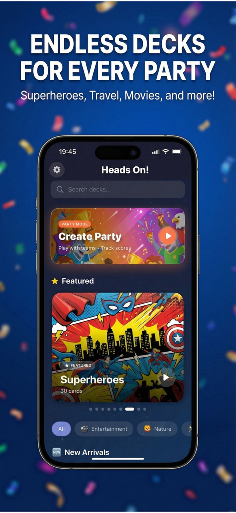 A mobile app interface for Headbands Charades showing various themed decks including Superheroes and a party mode option