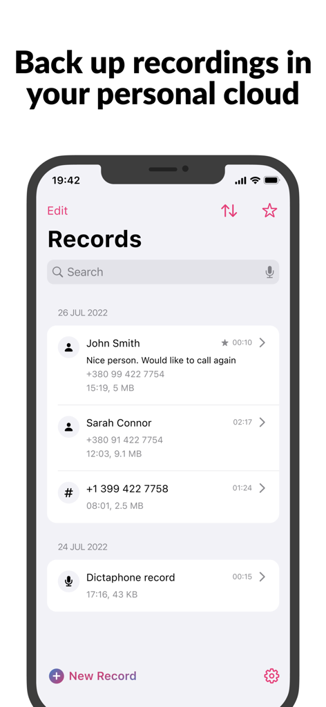 Call Recorder - Cube ACR - Interface do iPhone mostrando uma lista de chamadas gravadas com um título sobre backup de gravações na nuvem