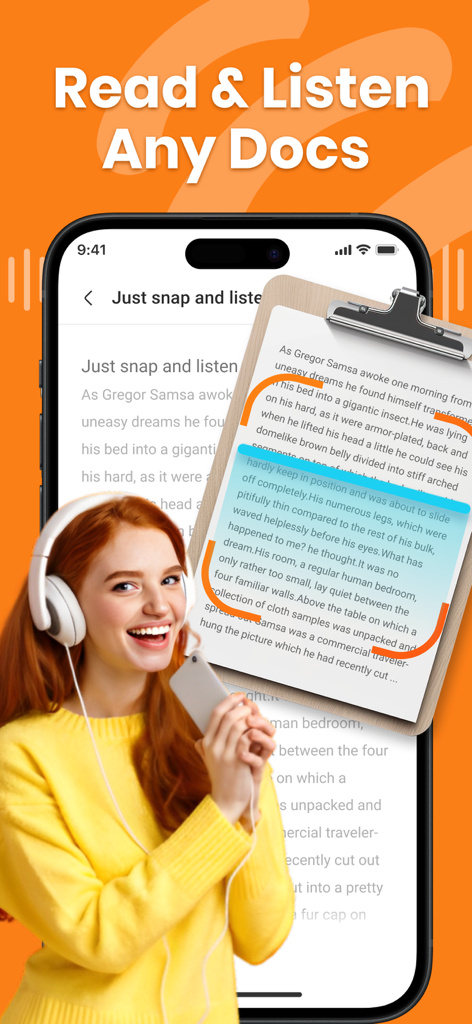 Note AI: Voice AI Transcribe - Una mujer sonriente con auriculares escuchando un documento de texto leído en voz alta por la aplicación Note AI