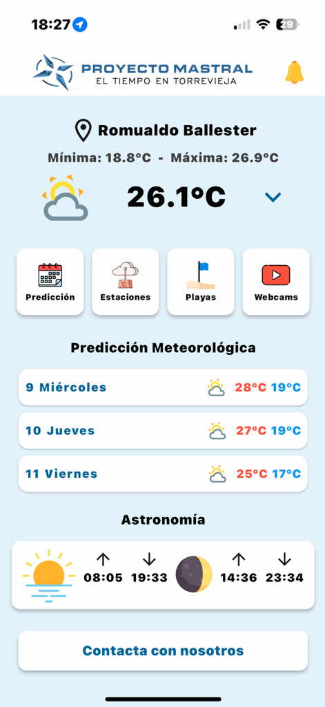 Proyecto Mastral - Panel meteorológico de la aplicación Proyecto Mastral que muestra la temperatura actual y el pronóstico de tres días para Torrevieja, España.