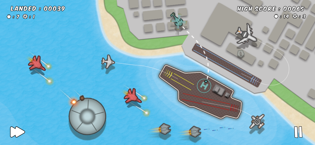 Top-down view of Planes Control gameplay showing military aircraft landing on a carrier during an alien UFO invasion