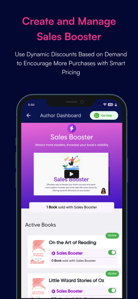 Notion Press - Notion Press author dashboard showing Sales Booster feature for dynamic book discounts
