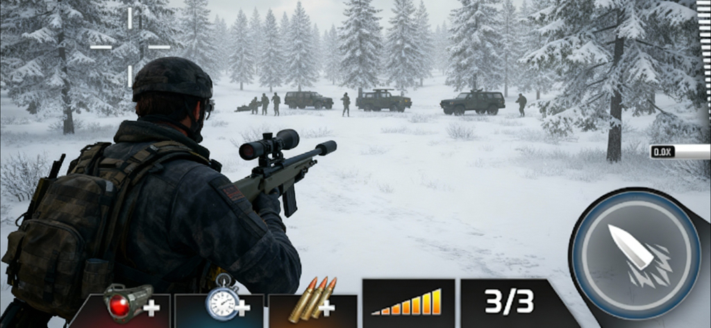 Kill Shot Bravo: Sniper Games - Tactical sniper aiming at enemy soldiers and vehicles in a snowy forest environment