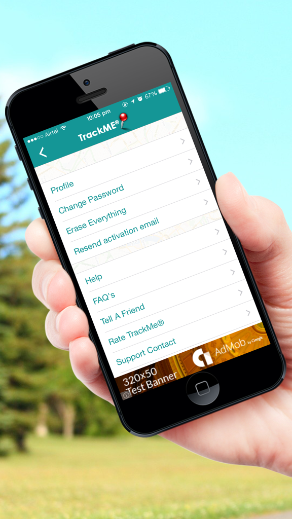 TrackMe app settings and support menu displayed on an iPhone screen held by a hand