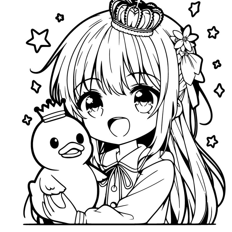 a anime girl holding a duck, she looks very happy and has a star crown on