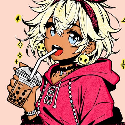 hot baddie anime girl drinking boba and biting the straw