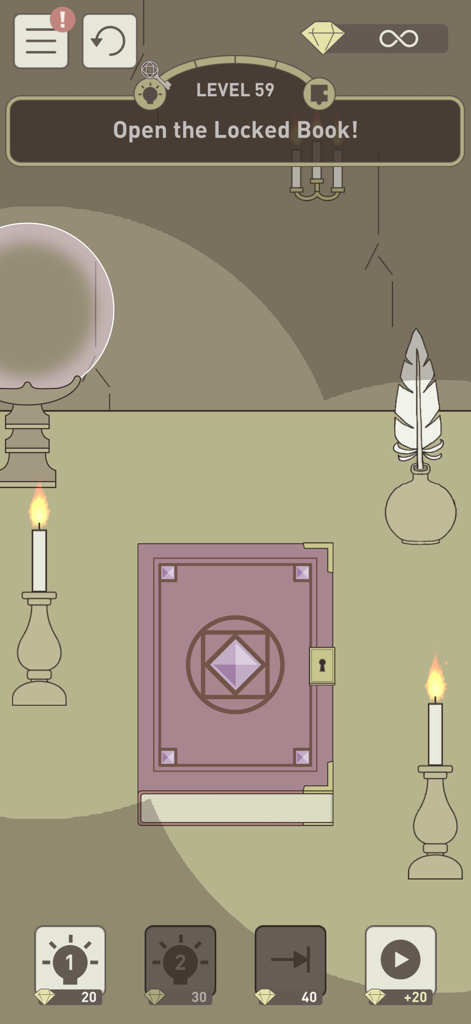 IQ Dungeon 2: Inherited Light - Gameplay screenshot of IQ Dungeon 2 level 59 showing a purple locked book puzzle with an inspiration gauge
