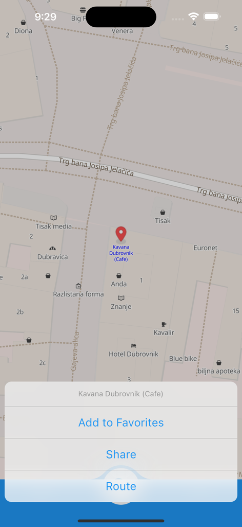 Interfaccia dell'app Mappa della Croazia che mostra un caffè selezionato con opzioni per aggiungere ai preferiti, condividere e ottenere indicazioni stradali
