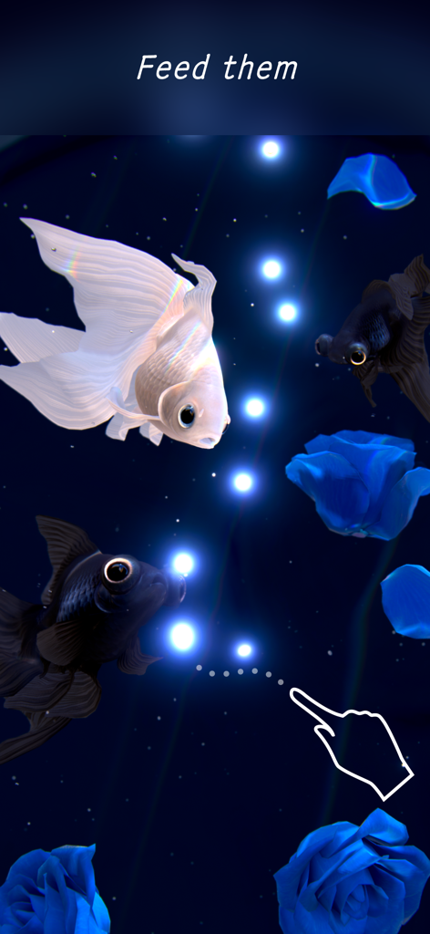 RYUKIN - Interactive goldfish feeding screen in the RYUKIN app featuring white and black fish and blue rose petals