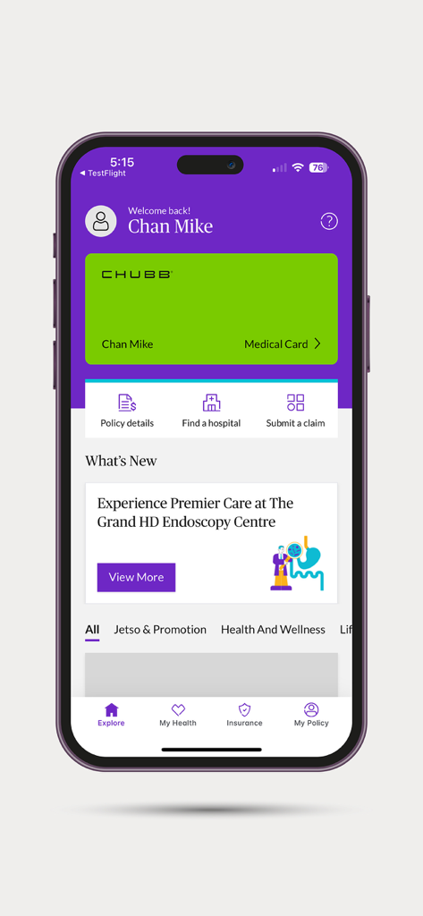 My Chubb Life - My Chubb Life mobile app home screen showing a digital medical card and policy management options