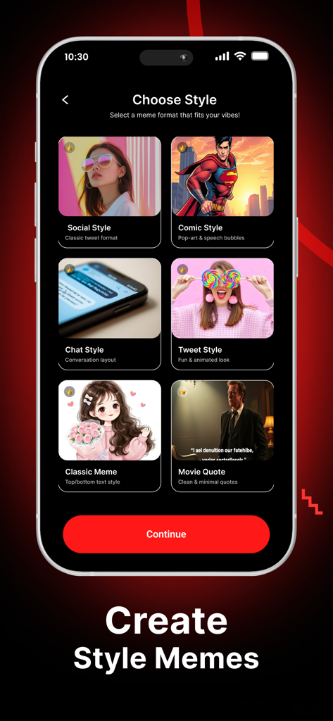 Red gifs: make it meme - Red gifsアプリで、「ソーシャルコミック」や「クラシック」スタイルなど、さまざまなミームフォーマットオプションが表示されたiPhone画面。