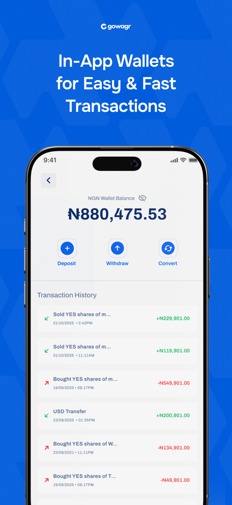 In-app wallet screen of the Gowagr prediction market app showing balance and recent transaction history