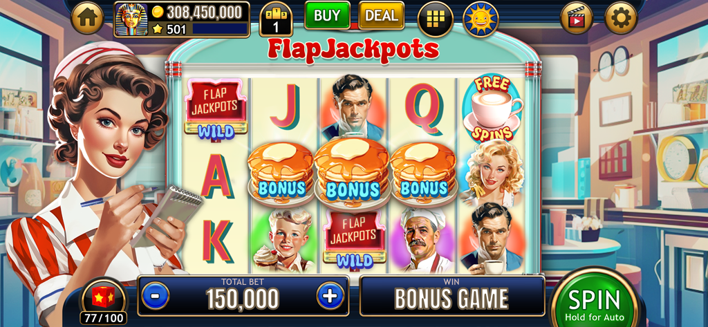 Retro 1950s diner themed slot machine called FlapJackpots featuring pancake bonus symbols and a waitress character