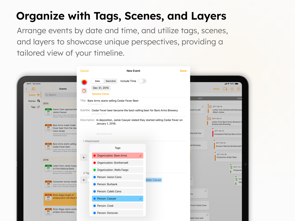 TimelinePad - Create Timelines - TimelinePad app on iPad showing the new event interface with tagging and organization features for legal chronologies.