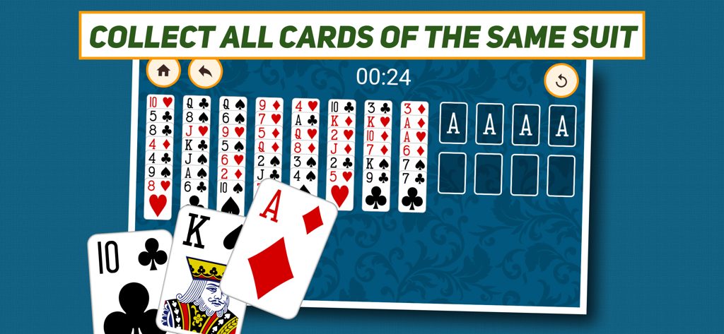 Gameplay of FreeCell Solitaire Classic showing cards on a blue background and the objective to collect all cards of the same suit