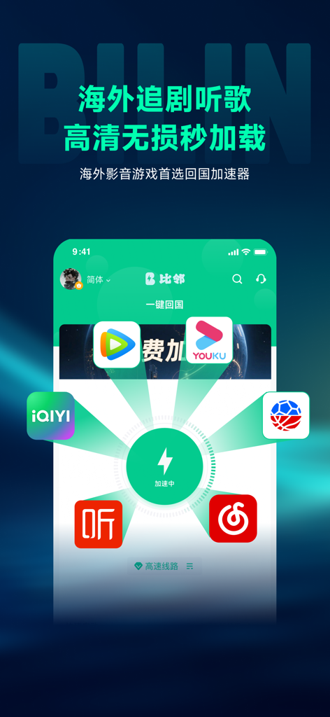 比邻回国加速器-Bilin 海外回国追剧听歌玩游戏 - Bilin Accelerator app interface showing one-click connection to Chinese streaming and music platforms for overseas users