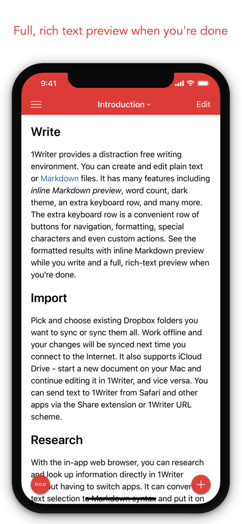 1Writerアプリのインターフェースが、iPhone上でMarkdown機能付きドキュメントのリッチテキストプレビューを表示