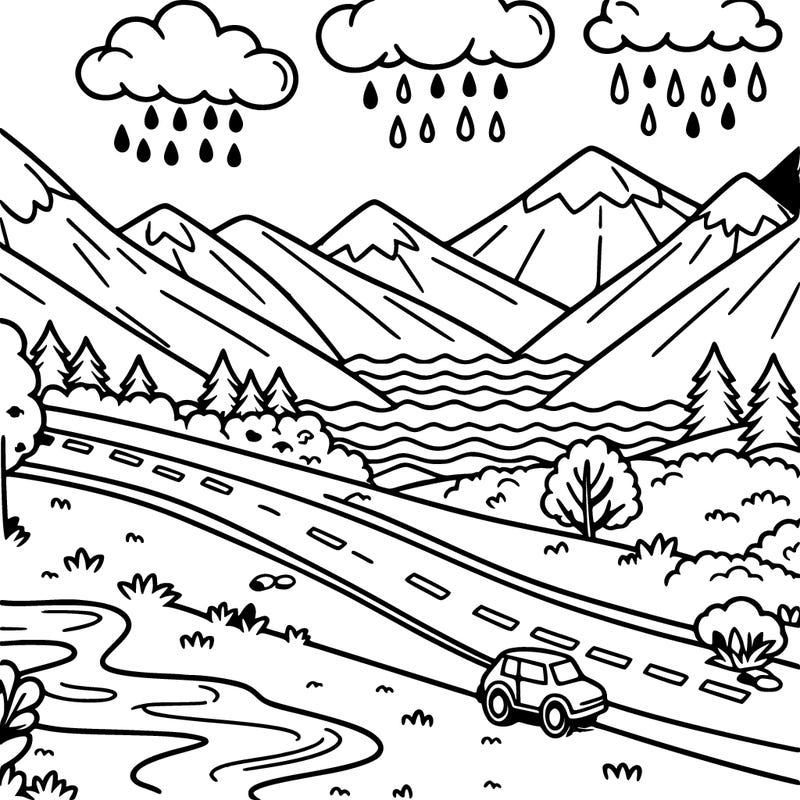 a road mountains and a river and rain